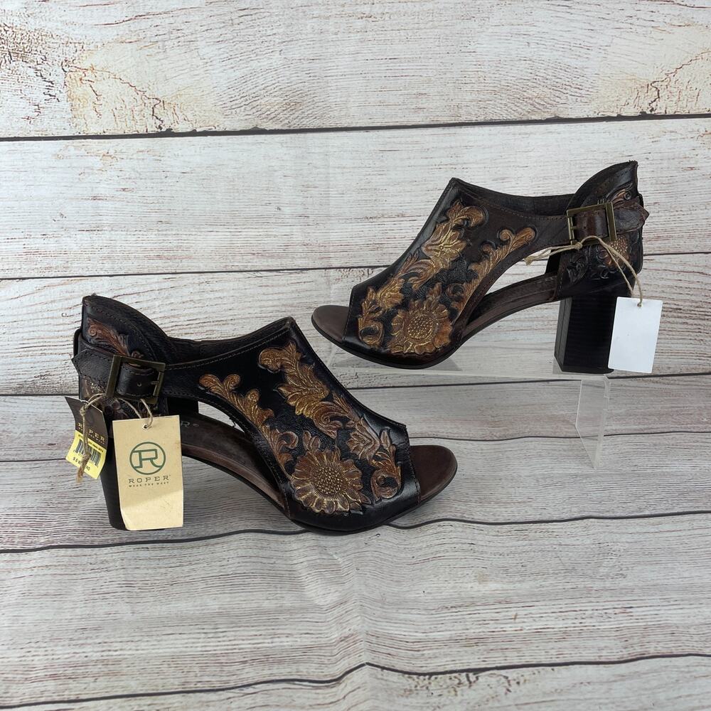 Roper Mika Womens Sz 9.5 Peep Toe Heels Floral Embossed Brown Leather